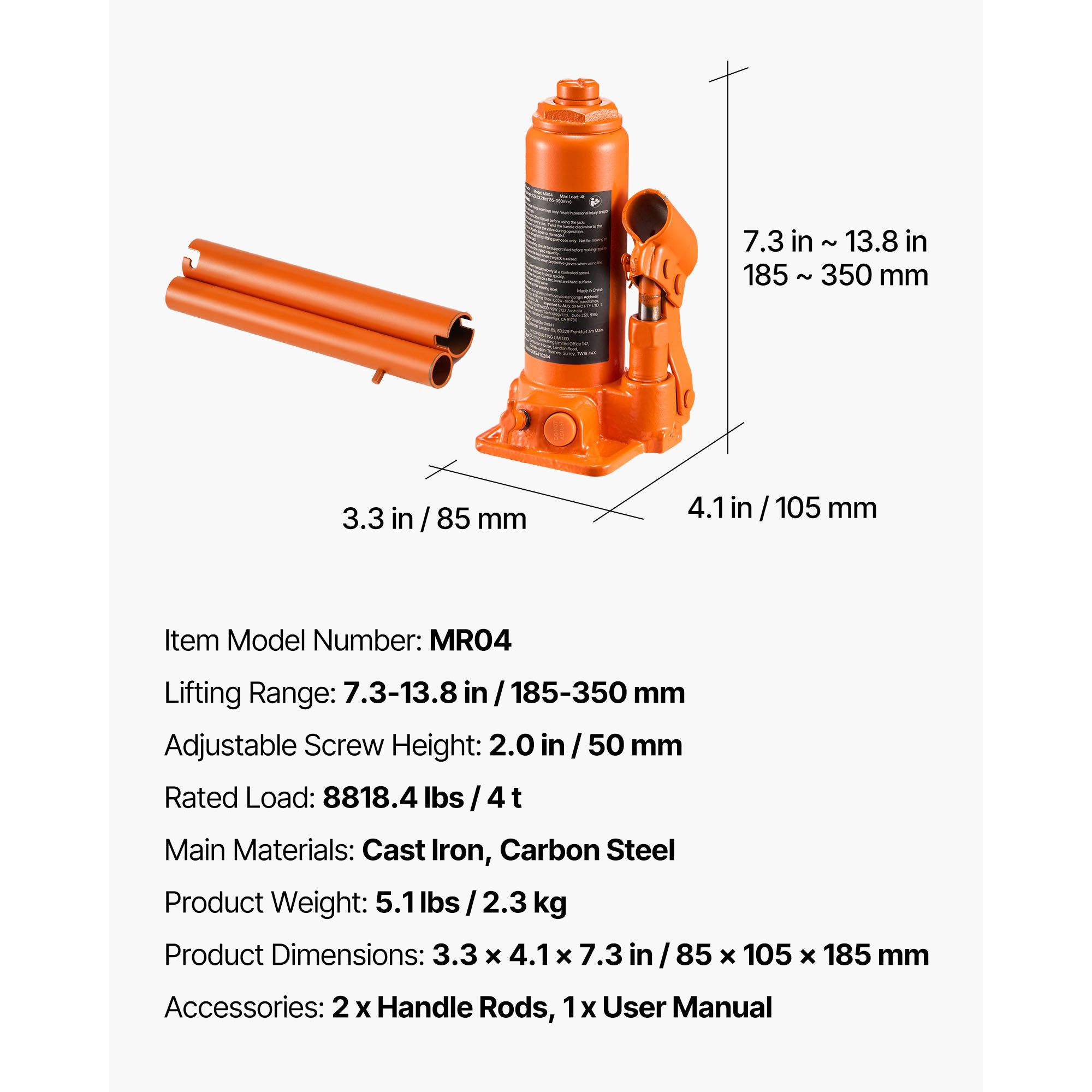 Welding Heavy Equipment - แม่แรงไฮดรอลิกแบบขวด, รับน้ำหนัก 4 ตัน (8818.4 ปอนด์),