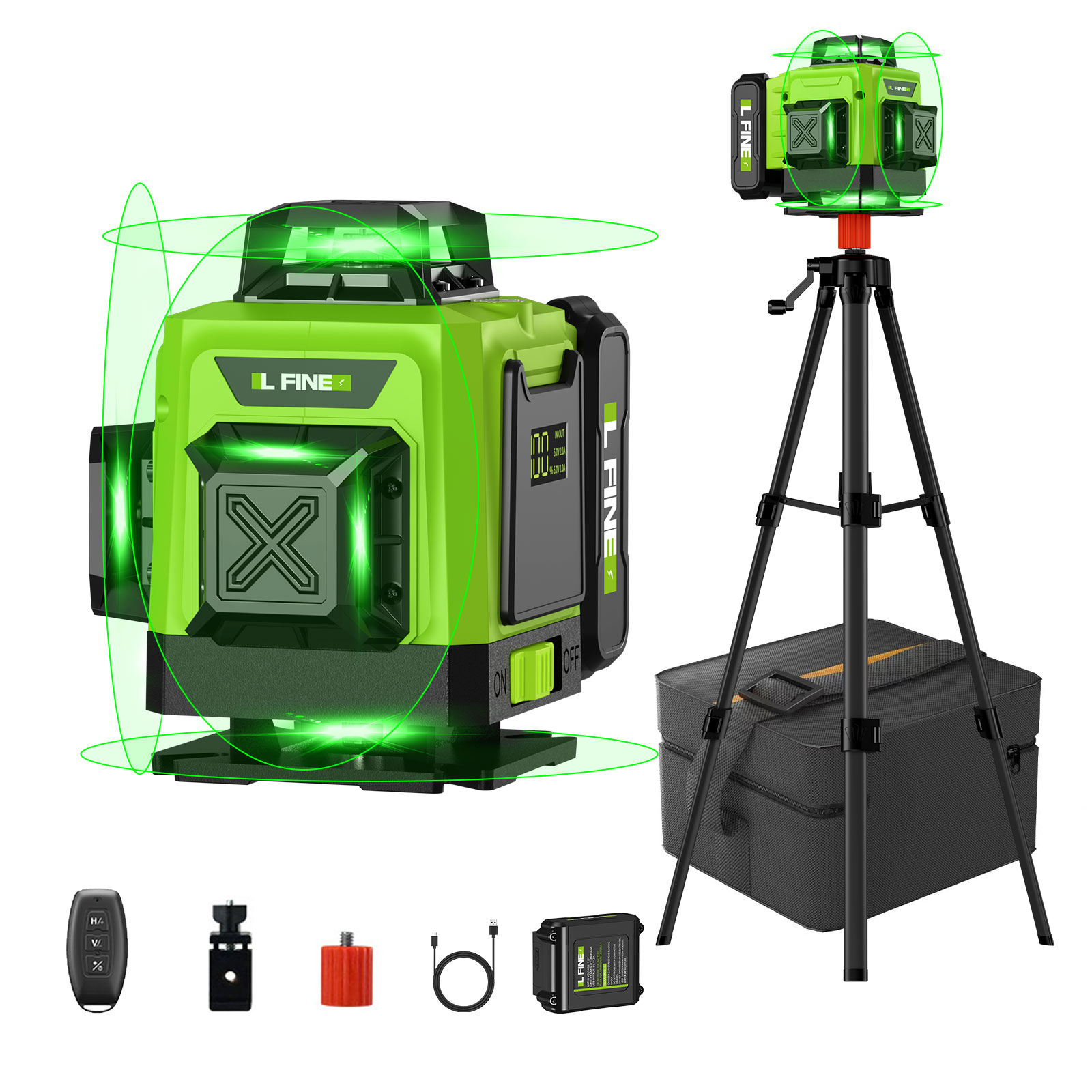 Laser Level Rotary - ระดับเลเซอร์ปรับระดับตัวเองแนวนอนแนวตั้ง Cross 16 เส้นสีเขียว Nivel เลเซอร์ชาร์จ